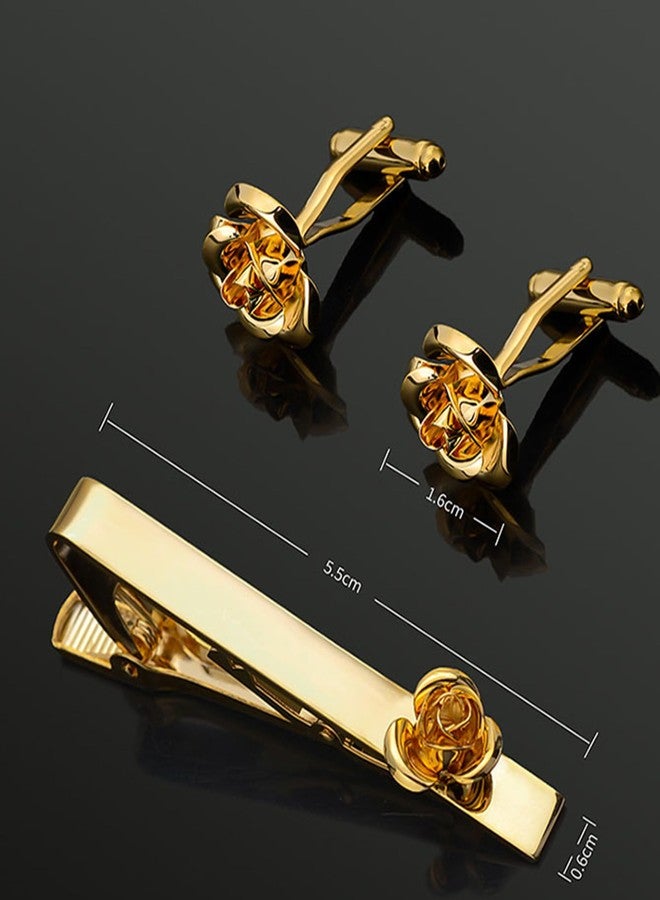 Jonwo Rose Flower Cufflinks and Tie Pin Set Regular Necktie Tie Clip Tie Bar Men Cufflinks for Wedding Business Shirt Tie (14K Gold Plated Cufflinks Tie Pin Set) - Image 5