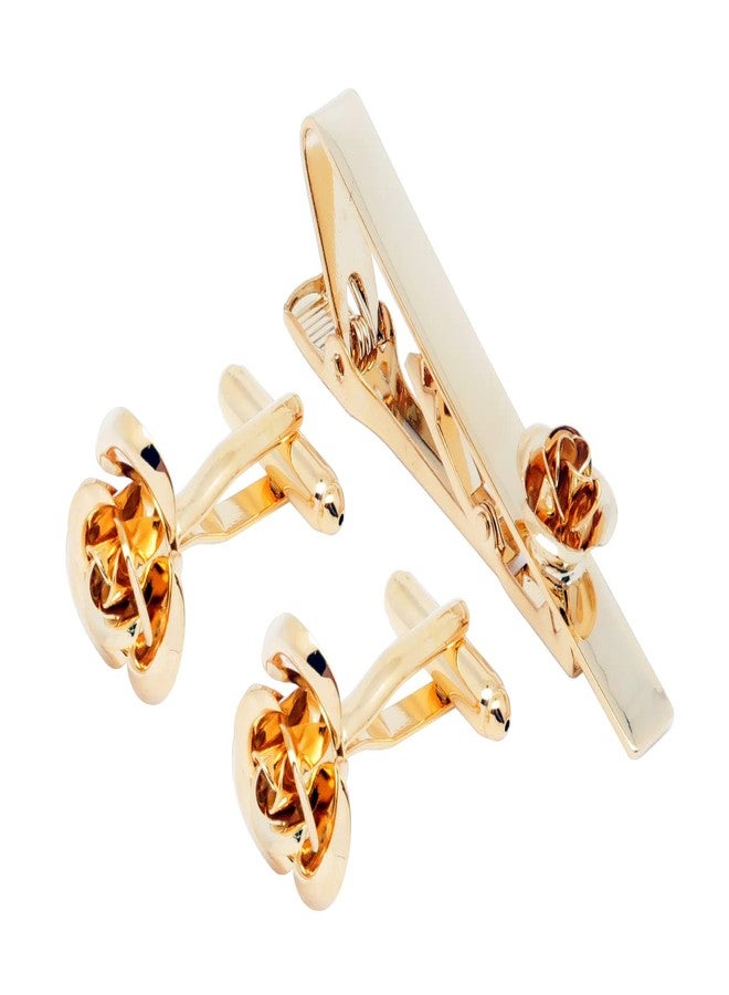 Jonwo Rose Flower Cufflinks and Tie Pin Set Regular Necktie Tie Clip Tie Bar Men Cufflinks for Wedding Business Shirt Tie (14K Gold Plated Cufflinks Tie Pin Set) - Image 1