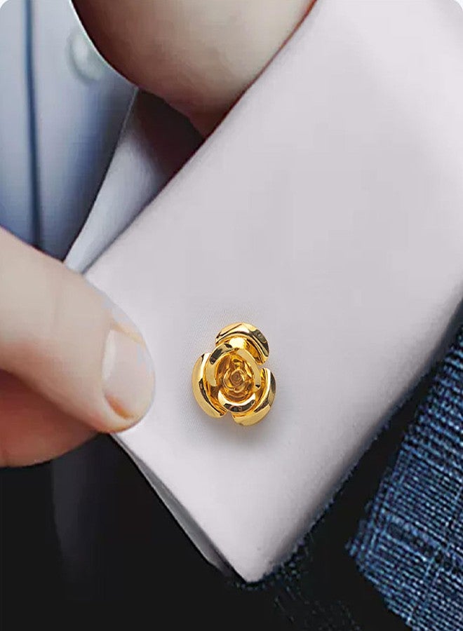 Jonwo Rose Flower Cufflinks and Tie Pin Set Regular Necktie Tie Clip Tie Bar Men Cufflinks for Wedding Business Shirt Tie (14K Gold Plated Cufflinks Tie Pin Set) - Image 2