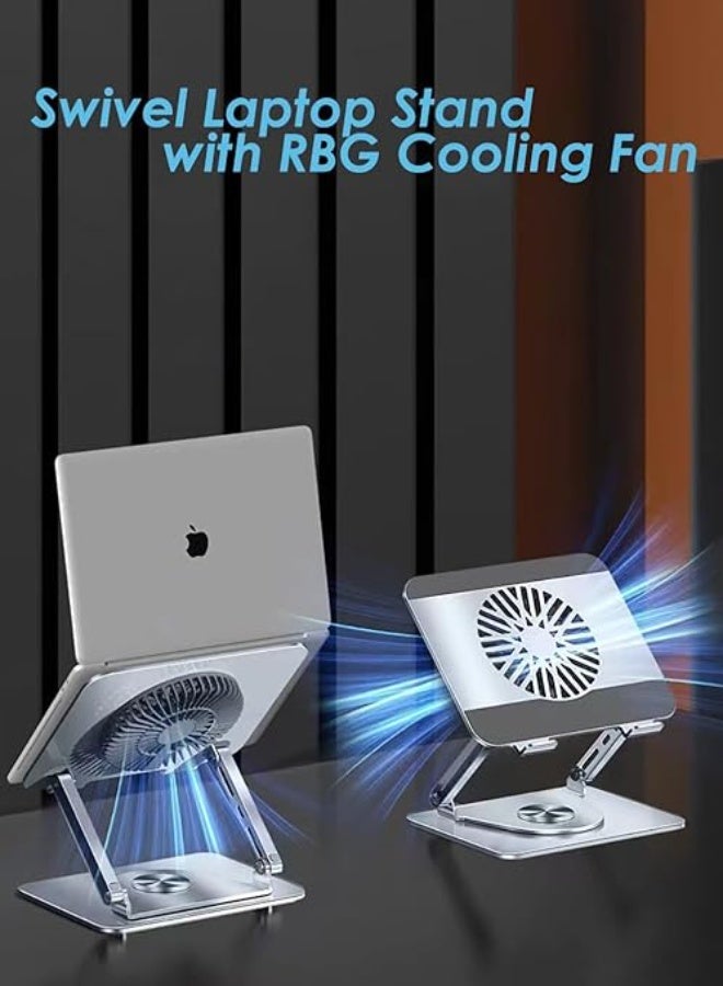 حامل لابتوب ومتابل مع مروحة RGB – حامل معدني دوار 360° لأجهزة 10–17.3 بوصة – قاعدة تبريد قابلة للتعديل للمكتب (فضي) - Image 4