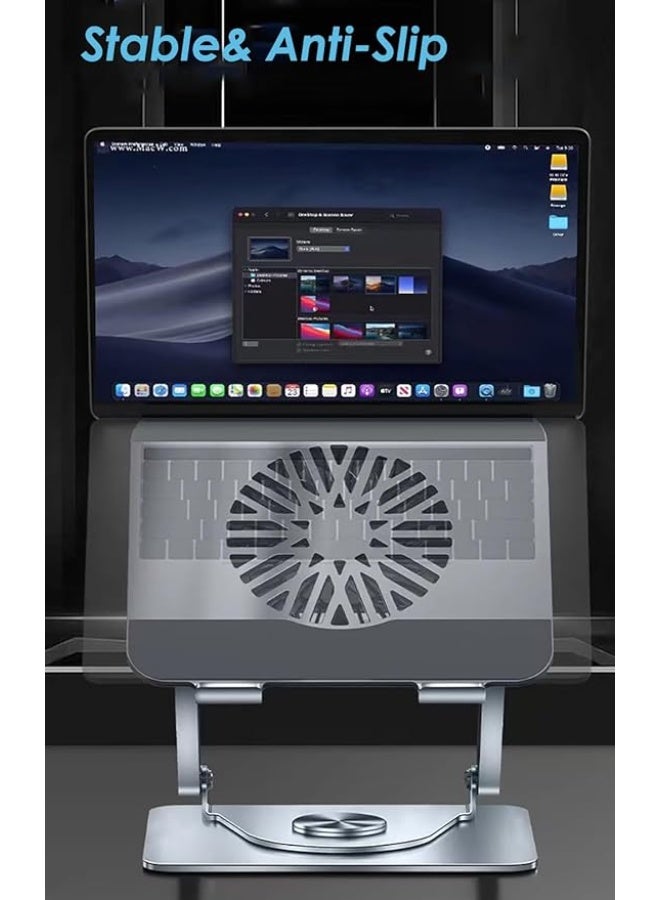 حامل لابتوب ومتابل مع مروحة RGB – حامل معدني دوار 360° لأجهزة 10–17.3 بوصة – قاعدة تبريد قابلة للتعديل للمكتب (فضي) - Image 2