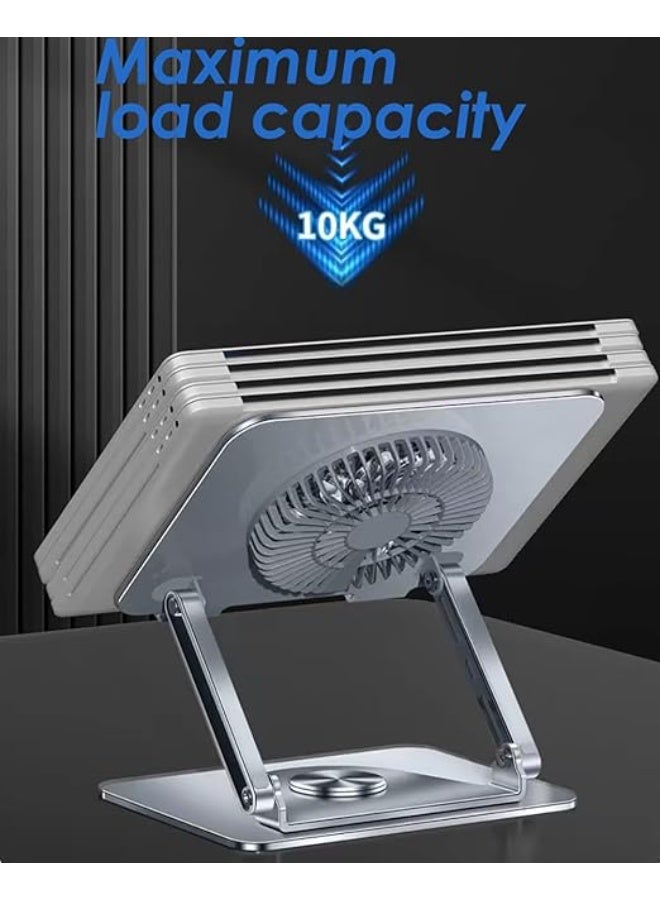 حامل لابتوب ومتابل مع مروحة RGB – حامل معدني دوار 360° لأجهزة 10–17.3 بوصة – قاعدة تبريد قابلة للتعديل للمكتب (فضي) - Image 3