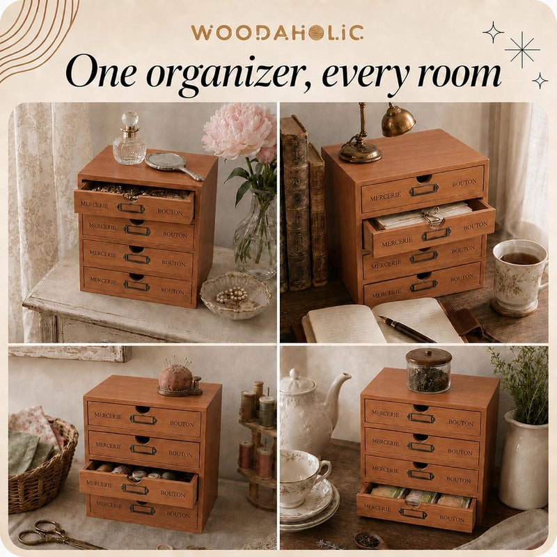 Primo Supply Vintage Aged Look Home Office Desk Organizer with 4 Drawers - Rustic Dresser - Wooden Storage Box Desktop Storage - Decorative Boxes with Lids for School & Office Supplies - Stackable Daily Storage - Image 5