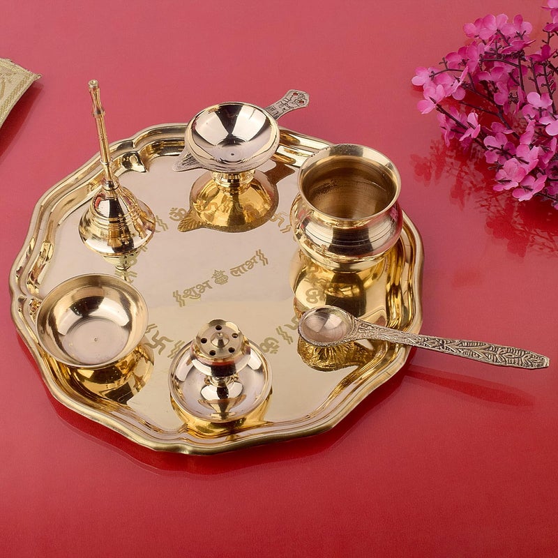 SATVIK STORE SATVIK 8 Inch Brass Puja Thali Set of 7 | Handcrafted Design for Divine Blessings | Ideal Housewarming Return Gift | Perfect for Festivals & Worship | Complete Puja Thali Set - Image 2