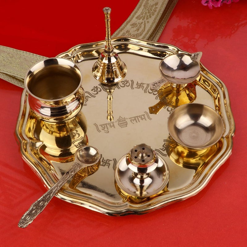 SATVIK STORE SATVIK 8 Inch Brass Puja Thali Set of 7 | Handcrafted Design for Divine Blessings | Ideal Housewarming Return Gift | Perfect for Festivals & Worship | Complete Puja Thali Set - Image 1