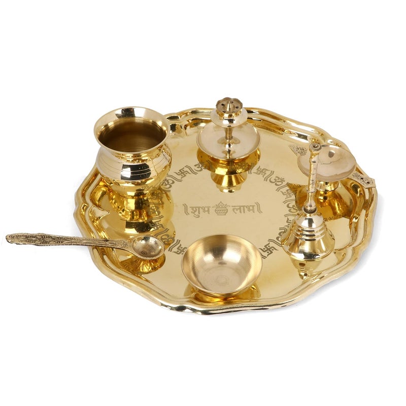 SATVIK STORE SATVIK 8 Inch Brass Puja Thali Set of 7 | Handcrafted Design for Divine Blessings | Ideal Housewarming Return Gift | Perfect for Festivals & Worship | Complete Puja Thali Set - Image 5