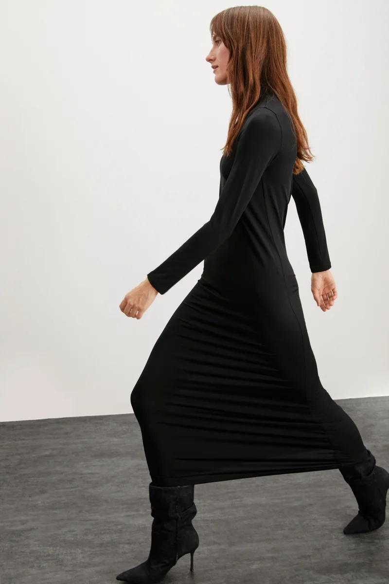 جريميلانج Sapphire Women's Turtleneck Long Sleeve Slim Fit Maxi Black Dress