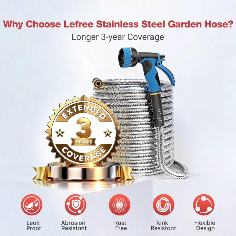 Lefree 50ft Metal Garden Hose - Heavy Duty 304 Stainless Steel Flexible Water Hose, No Kinks & Leak-Proof with Upgraded Handle, 10-Function Spray Nozzle for Balcony, Patio, Small Yard, Car Wash - Image 2