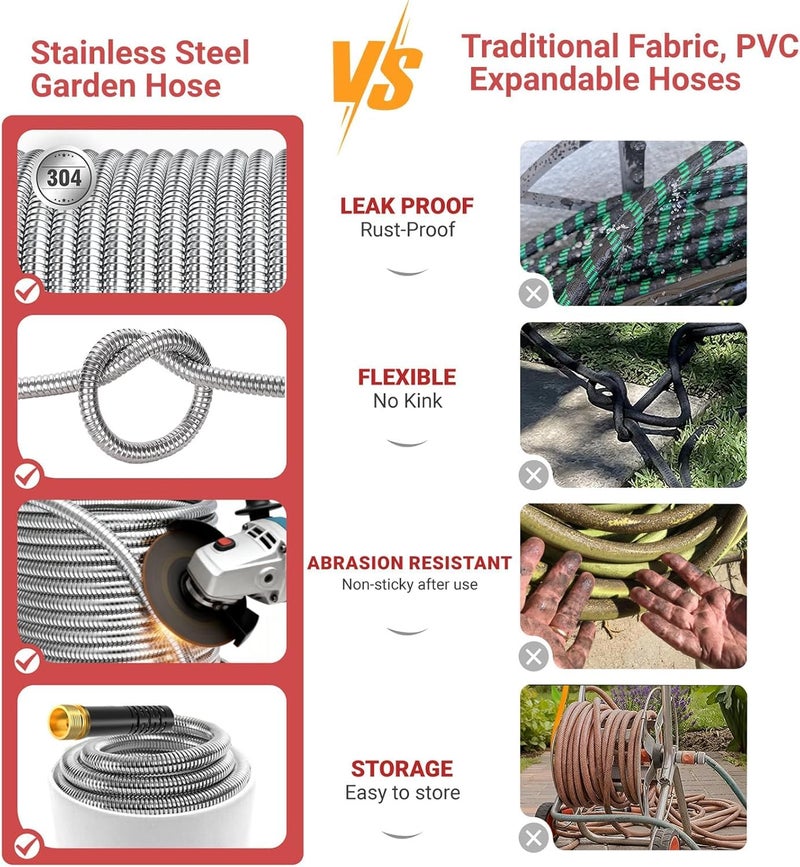 Lefree 50ft Metal Garden Hose - Heavy Duty 304 Stainless Steel Flexible Water Hose, No Kinks & Leak-Proof with Upgraded Handle, 10-Function Spray Nozzle for Balcony, Patio, Small Yard, Car Wash - Image 5