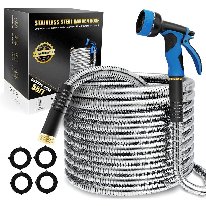 Lefree 50ft Metal Garden Hose - Heavy Duty 304 Stainless Steel Flexible Water Hose, No Kinks & Leak-Proof with Upgraded Handle, 10-Function Spray Nozzle for Balcony, Patio, Small Yard, Car Wash - Image 1