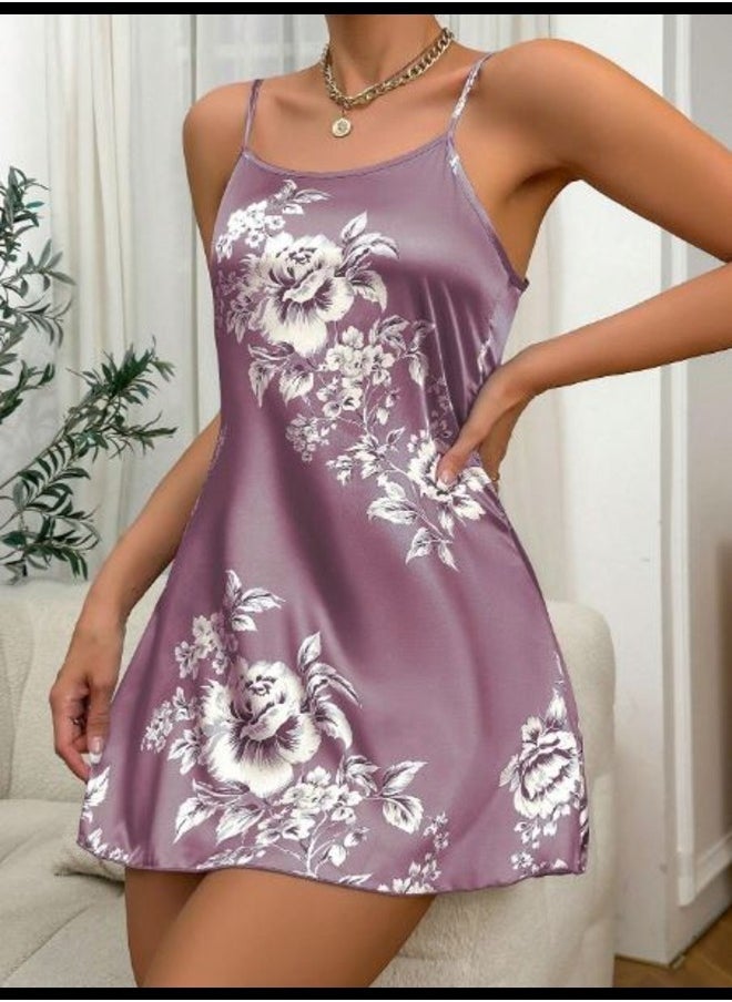 Shein Sleeveless Spaghetti Strap Sleep Dress With Printed Floral Design, Silky Texture  - Image 1