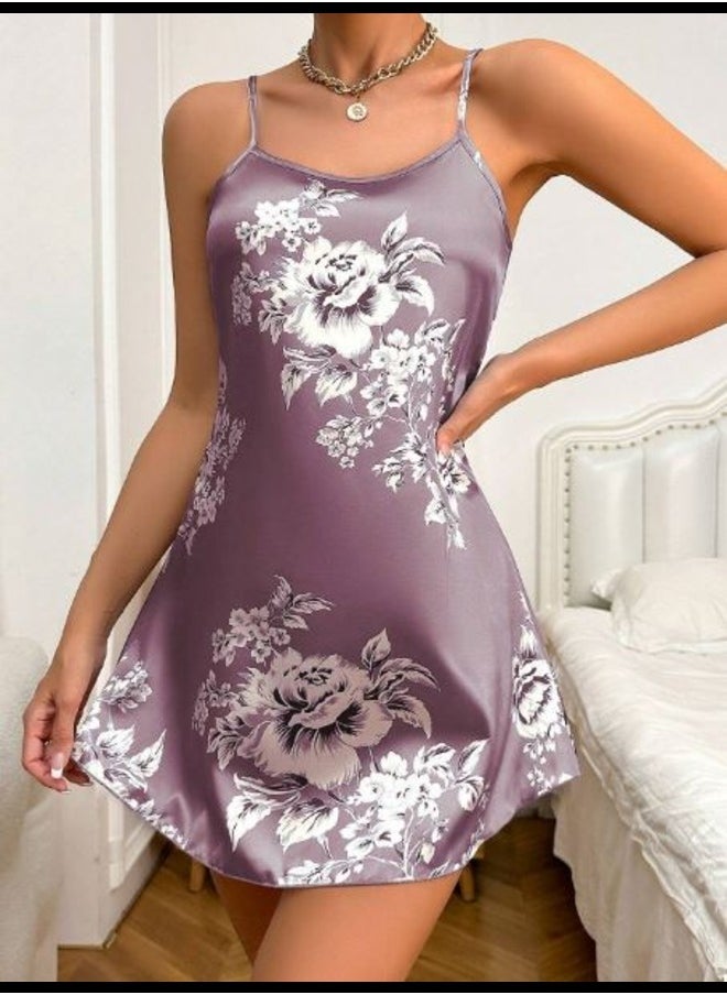 Shein Sleeveless Spaghetti Strap Sleep Dress With Printed Floral Design, Silky Texture  - Image 4
