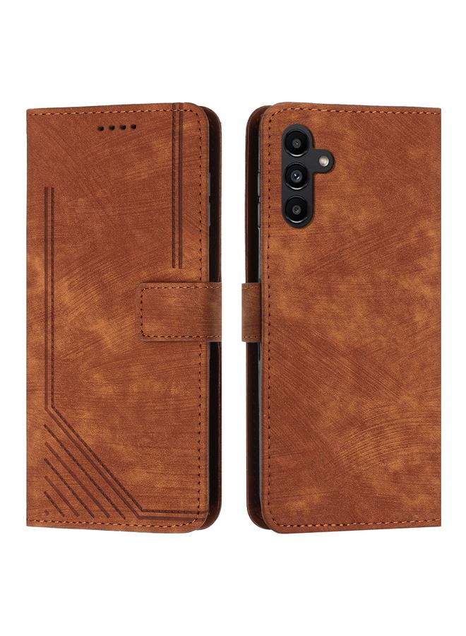 Green Tiger For Samsung Galaxy A35 Skin Feel Stripe Pattern Leather Phone Case with Long Lanyard(Brown)