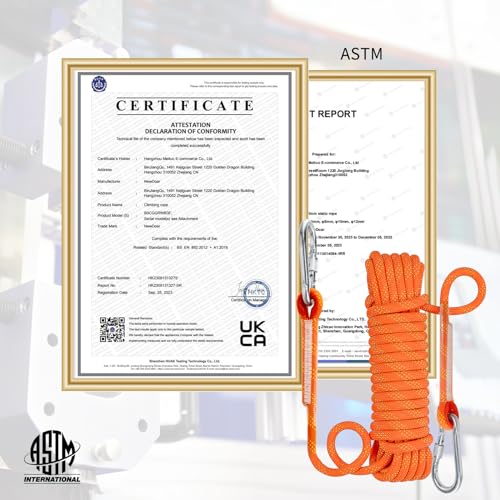 NewDoar Climbing Rope 8(5/16in),10mm (3/8in), High Strength Accessory Cord Rope with 2 Steel Hooks, for Outdoor Rescue Rappelling Rope Down Cliffs ledges Safety Escape Tow Strap Equipment(Orange) - Image 3