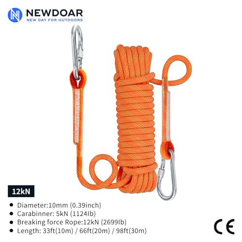 NewDoar Climbing Rope 8(5/16in),10mm (3/8in), High Strength Accessory Cord Rope with 2 Steel Hooks, for Outdoor Rescue Rappelling Rope Down Cliffs ledges Safety Escape Tow Strap Equipment(Orange) - Image 2