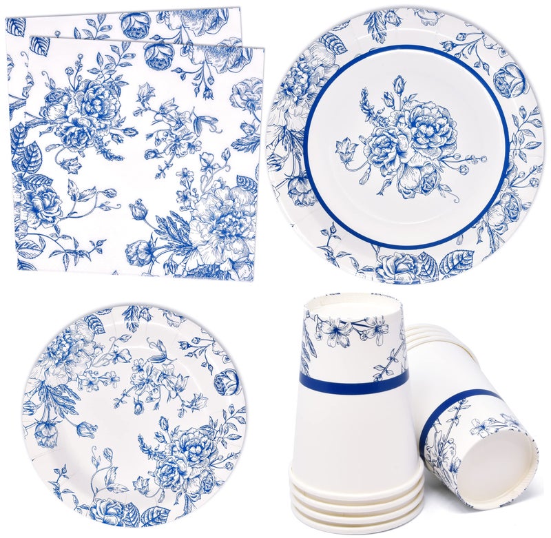 Gift Boutique 96 Pieces Floral Blue White Party Supplies Paper Plate Cup Napkin for Flower Baby Shower Tea Spring Summer Birthday Disposable Dinnerware Serves 24