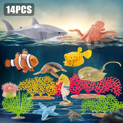 THINKBAY 14PCS Large Ocean Sea Animal Toys with Corals for Kids Realistic Soft Plastic SharkOctopusStarfishSea Turtle for Toddler Boy Girl Under The Sea Party Favors Birthday Gifts - Image 5