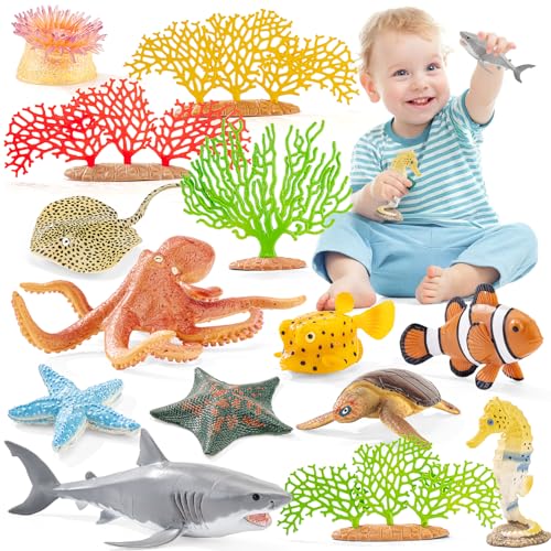 THINKBAY 14PCS Large Ocean Sea Animal Toys with Corals for Kids Realistic Soft Plastic SharkOctopusStarfishSea Turtle for Toddler Boy Girl Under The Sea Party Favors Birthday Gifts - Image 1