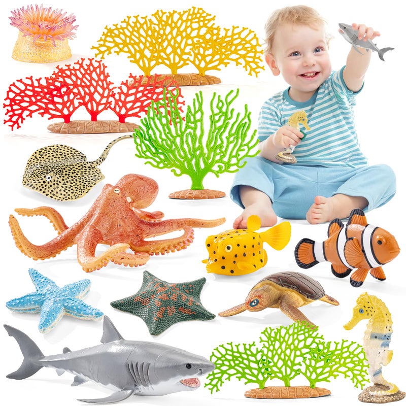 THINKBAY 14PCS Large Ocean Sea Animal Toys with Corals for Kids Realistic Soft Plastic SharkOctopusStarfishSea Turtle for Toddler Boy Girl Under The Sea Party Favors Birthday Gifts - Image 3