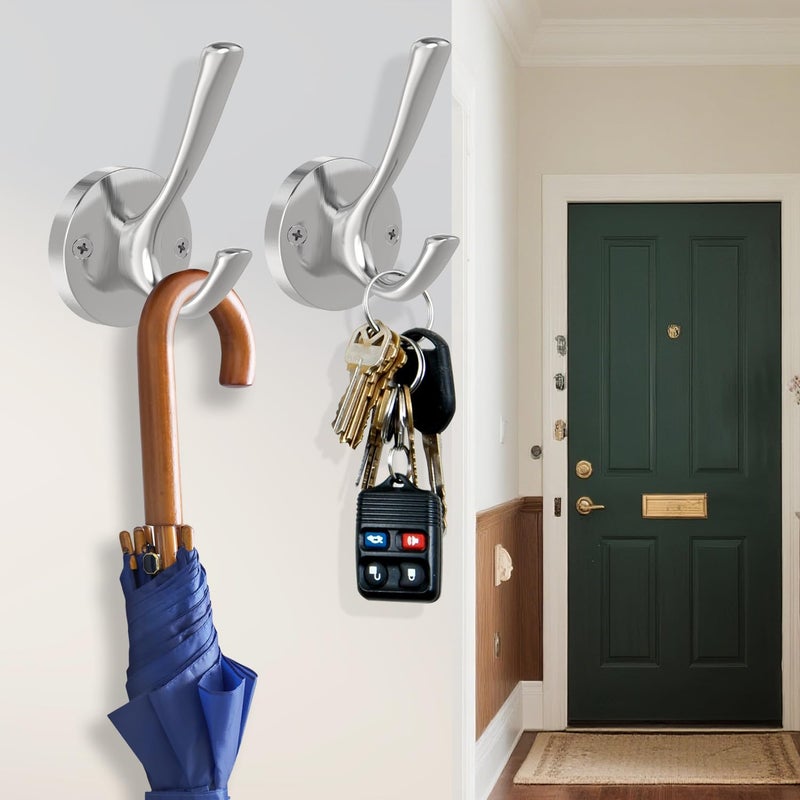 TOFIIGREM Brushed Nickel Wall Hooks Towel Hooks, 2 Pack Coat Robe Hook Heavy Duty Bathroom Double Hook Wall Mounted, Hand Towel Hooks for Closet Entryway Cubicle Kitchen - Image 2