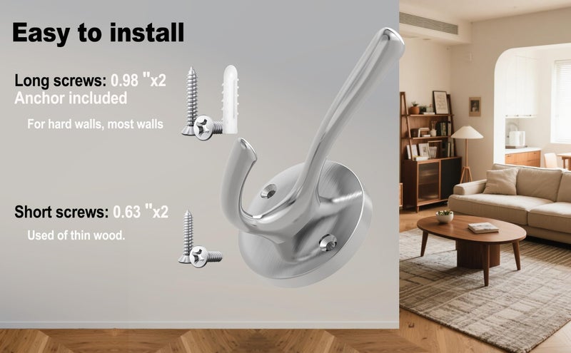 TOFIIGREM Brushed Nickel Wall Hooks Towel Hooks, 2 Pack Coat Robe Hook Heavy Duty Bathroom Double Hook Wall Mounted, Hand Towel Hooks for Closet Entryway Cubicle Kitchen - Image 5