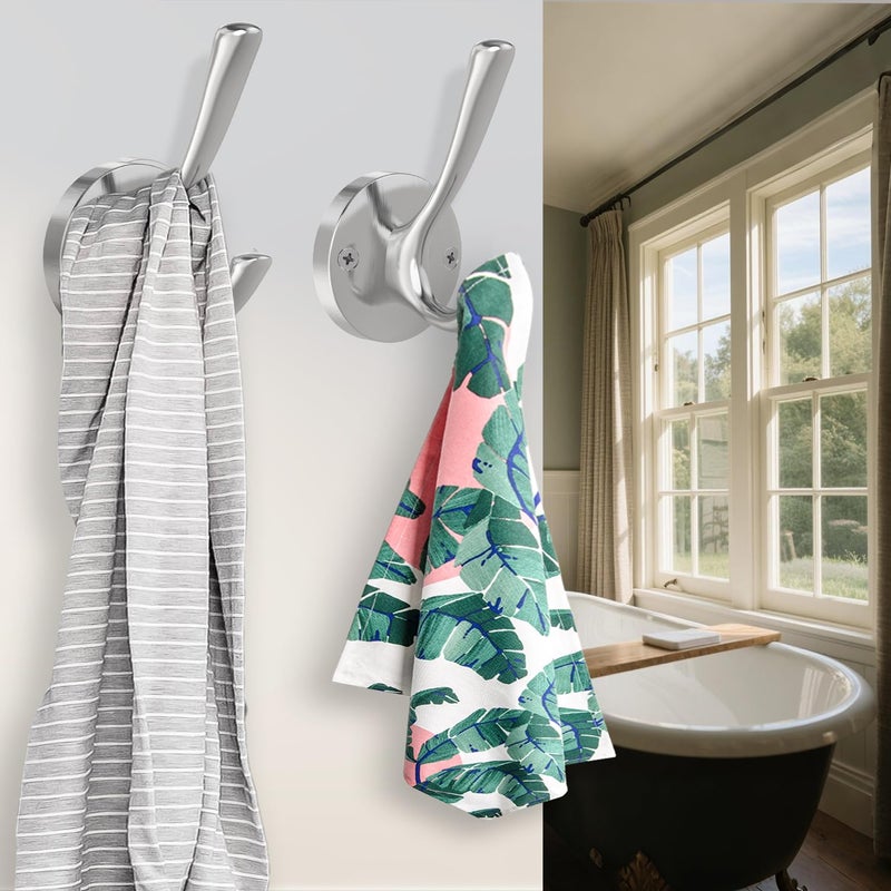 TOFIIGREM Brushed Nickel Wall Hooks Towel Hooks, 2 Pack Coat Robe Hook Heavy Duty Bathroom Double Hook Wall Mounted, Hand Towel Hooks for Closet Entryway Cubicle Kitchen - Image 3