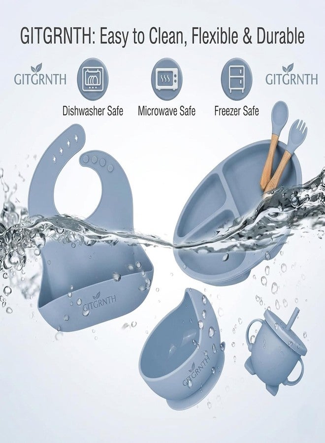 GITGRNTH 6 Pieces Silicone Baby Feeding Set, Non-Slip Suction Plate & Bowl, Adjustable Bib, Training Cup, Spoon & Fork, BPA-Free, Dishwasher & Microwave Safe, Toddler Tableware Set for Kids (Blue) (Blue) - Image 3