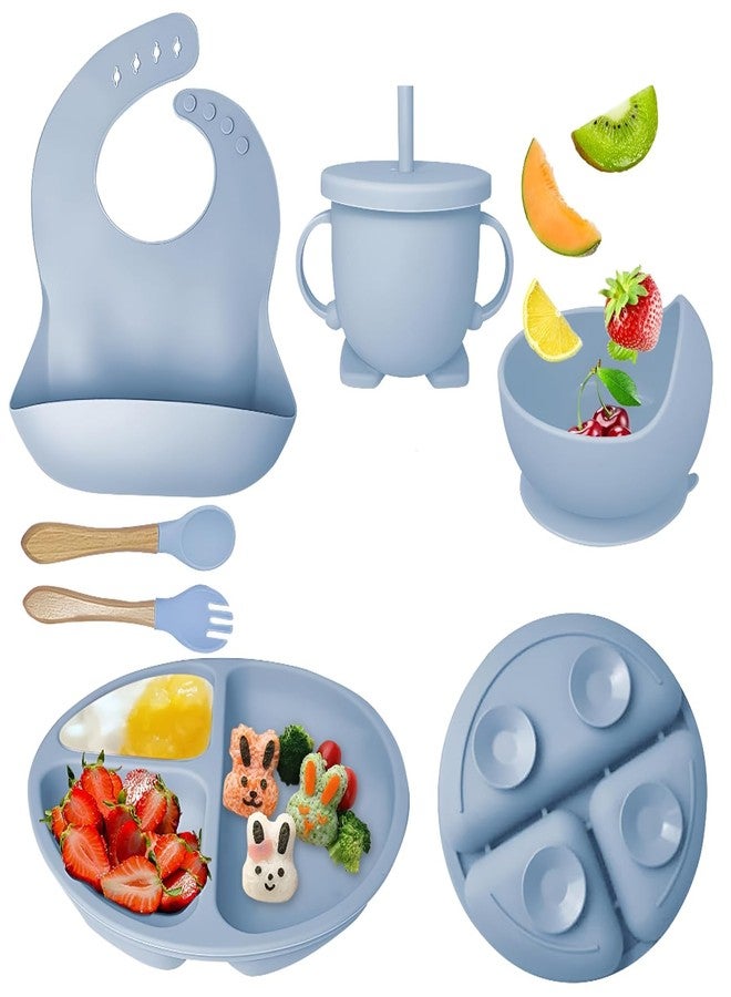 GITGRNTH 6 Pieces Silicone Baby Feeding Set, Non-Slip Suction Plate & Bowl, Adjustable Bib, Training Cup, Spoon & Fork, BPA-Free, Dishwasher & Microwave Safe, Toddler Tableware Set for Kids (Blue) (Blue) - Image 1