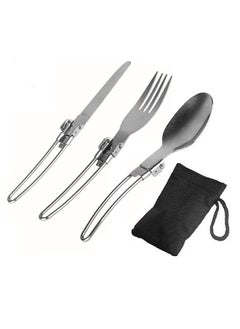 3PCS Folding Knife Fork Spoon Set Foldable Cutlery Set Stainless Steel Camping Cutlery Set for Travel Trekking Hiking with Storage Bags