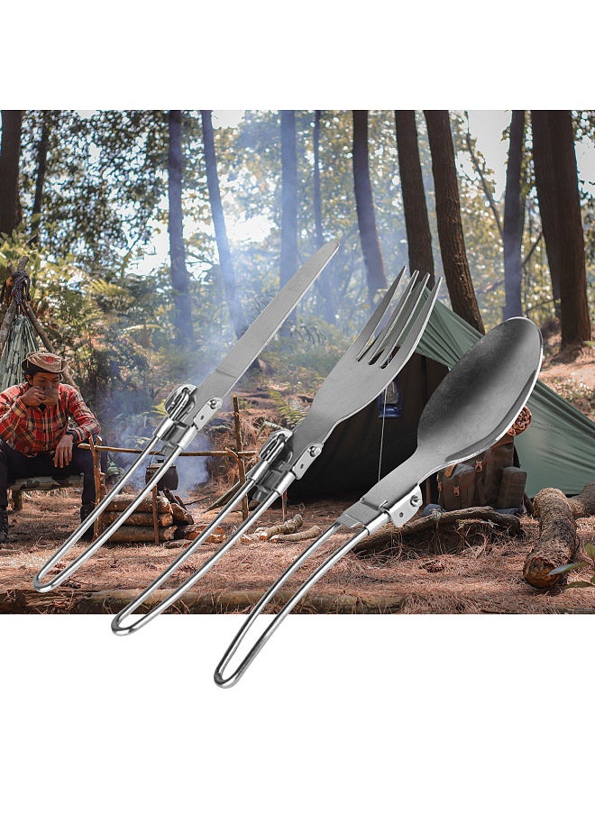 Generic - 3PCS Folding Knife Fork Spoon Set Foldable Cutlery Set Stainless Steel Camping Cutlery Set for Travel Trekking Hiking with Storage Bags - Image 1