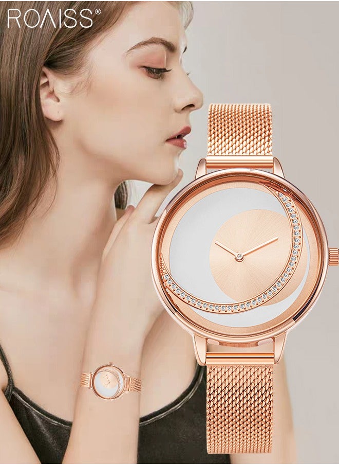 roaiss - Women's Mesh Strap Quartz Watch, Analog Display Round Dial Watch, Waterproof Elegant Watch as Gift for Women - Image 1