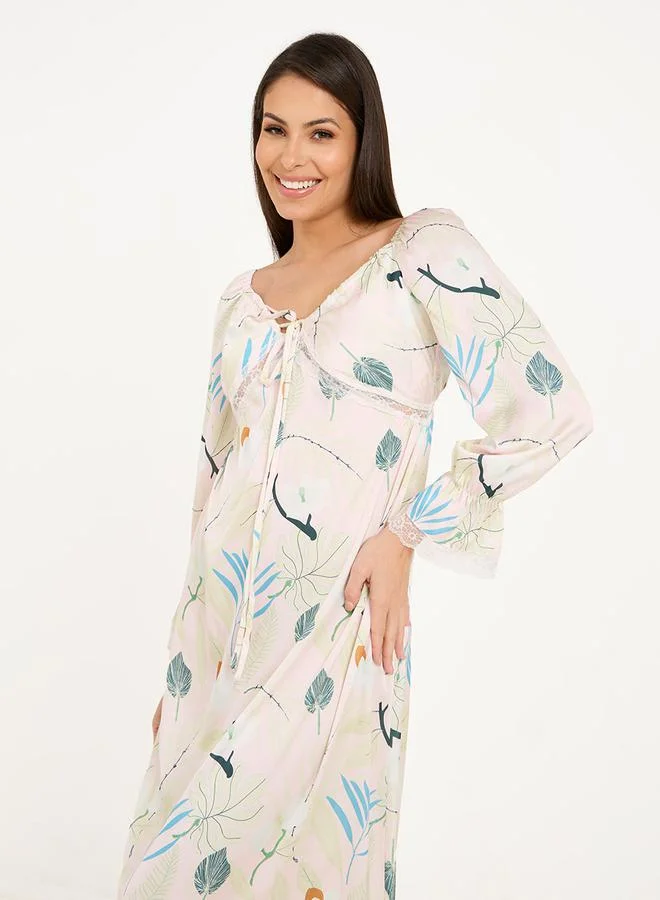 ستايلي Leafy Floral Tie Front Lace Trim Satin Nightdress