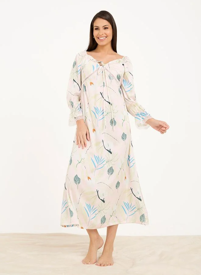 ستايلي Leafy Floral Tie Front Lace Trim Satin Nightdress