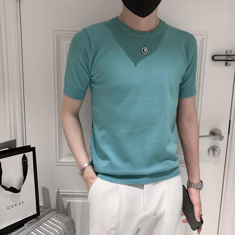 Handsome Personality Round Neck Youth Men'S T-Shirt Knitted Short-Sleeved Duffy Handsome Casual Trendy Spiritual Guy Solid Color New Style - Image 3
