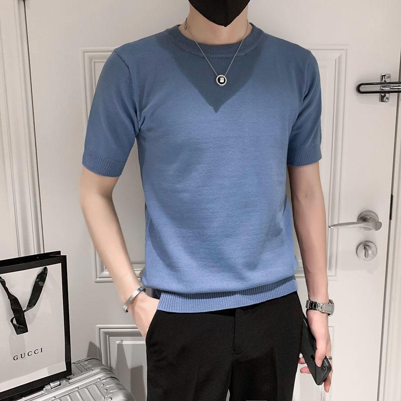Handsome Personality Round Neck Youth Men'S T-Shirt Knitted Short-Sleeved Duffy Handsome Casual Trendy Spiritual Guy Solid Color New Style - Image 2