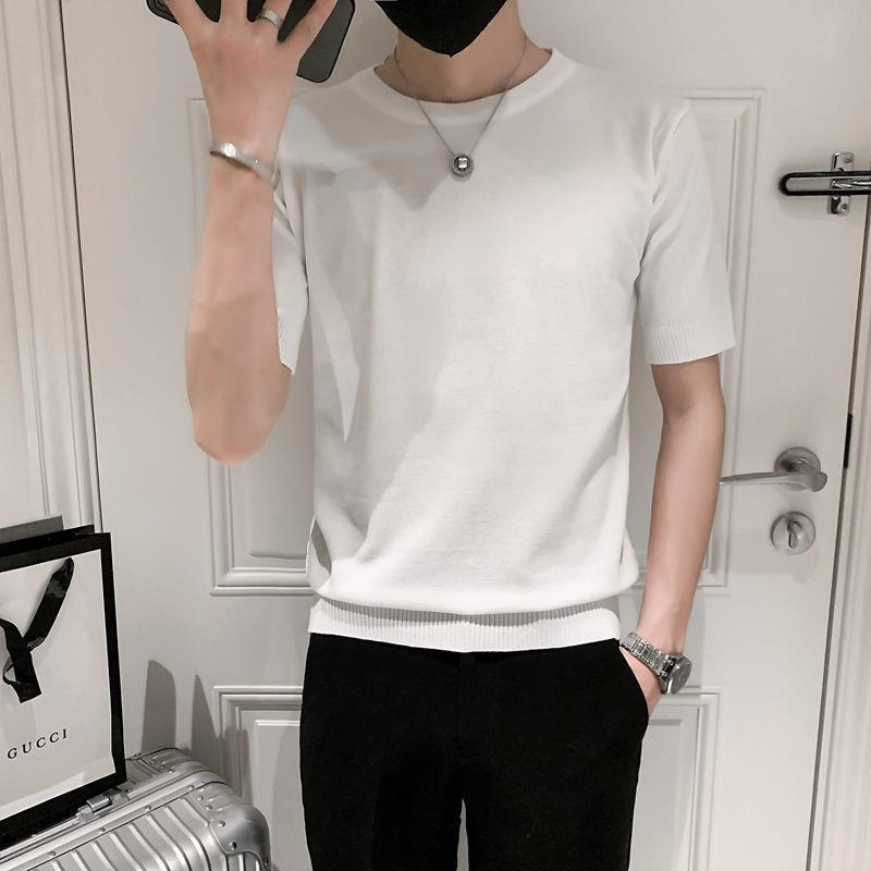 Handsome Personality Round Neck Youth Men'S T-Shirt Knitted Short-Sleeved Duffy Handsome Casual Trendy Spiritual Guy Solid Color New Style - Image 1