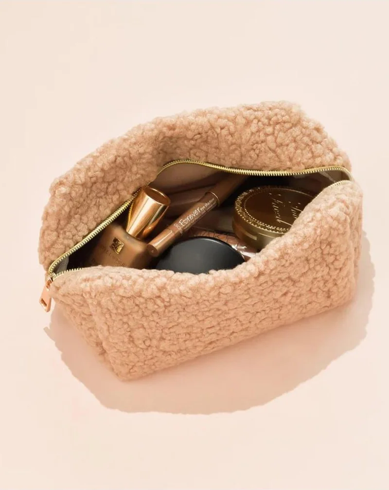Bahels Teddy Plush Camel Medium Size Makeup Bag