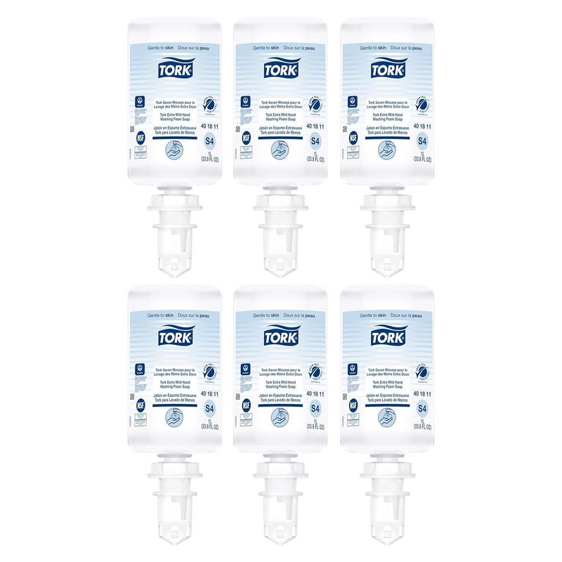 Tork Extra Mild Hand Washing Foam Soap S4, No Fragrance Added, 6 x 1L, 401811 (formerly 401211) - Image 1