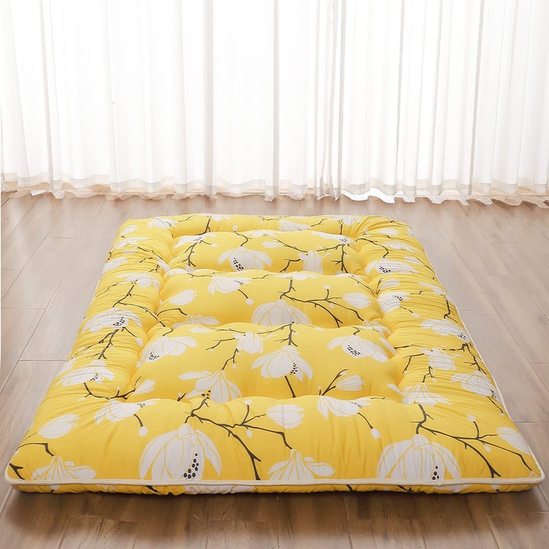 Zelladorra Japanese Floor Mattress Futon Mattress with Portable Storage Bag and Washable Cover Roll Up Thick Tatami Mat Suitable for Camping Guest Room Yellow Flower Twin