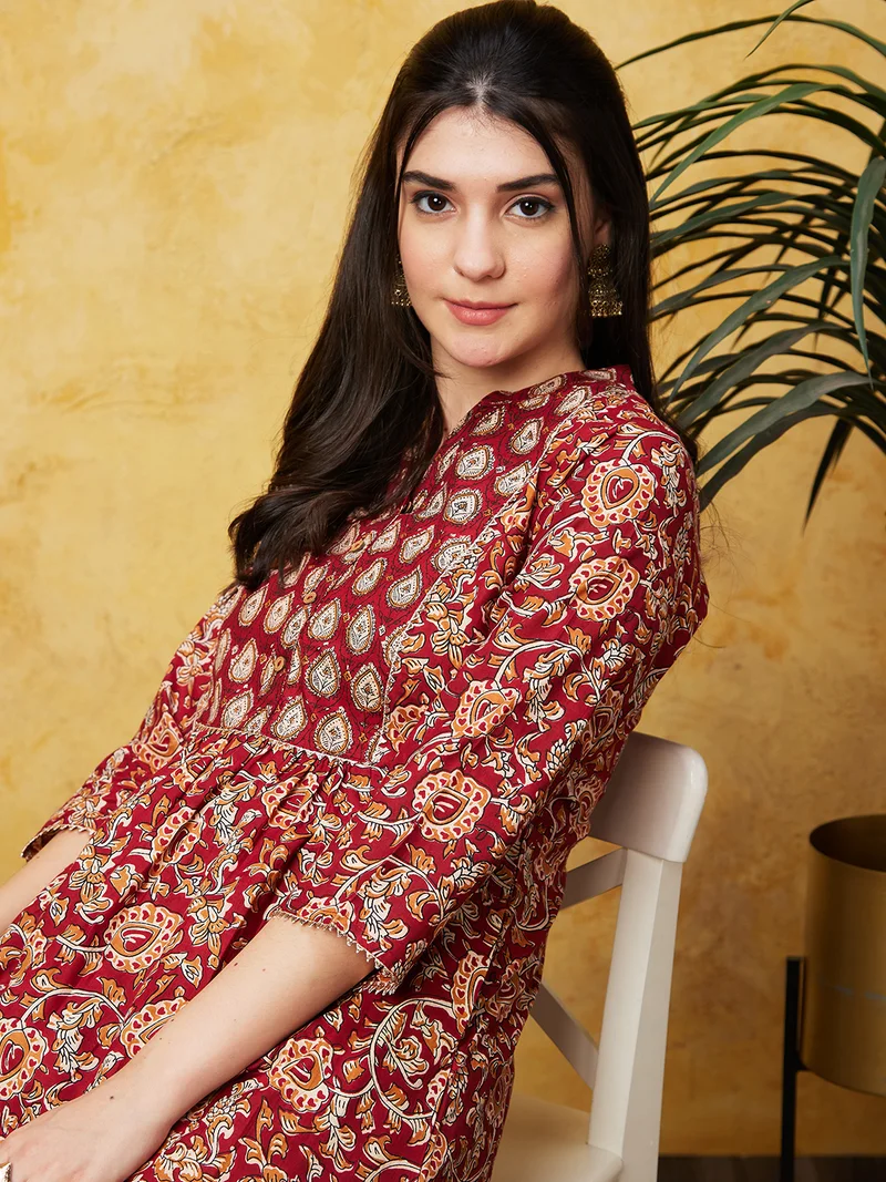 globus Women Maroon Ethnic Motifs Printed Band Collar Pure Cotton Kurta With Trousers