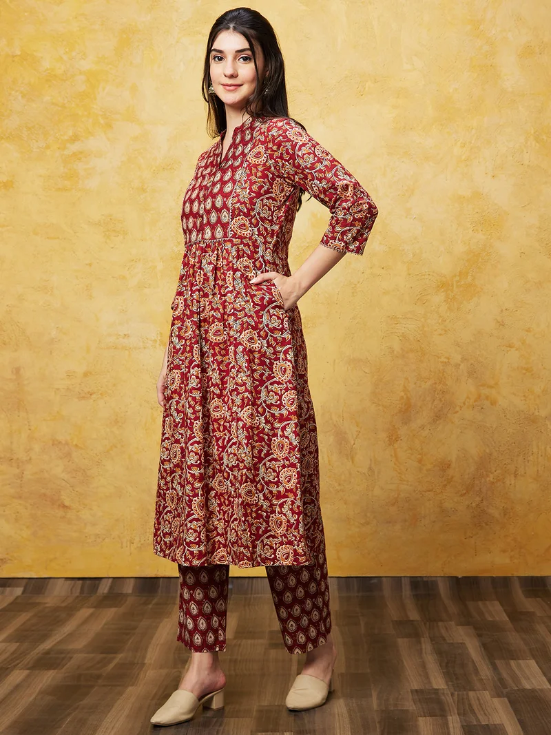 globus Women Maroon Ethnic Motifs Printed Band Collar Pure Cotton Kurta With Trousers