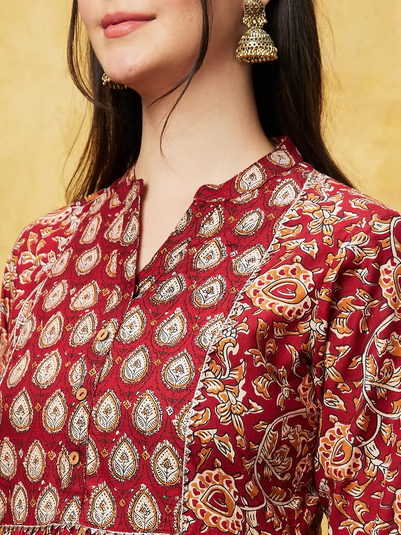 globus Women Maroon Ethnic Motifs Printed Band Collar Pure Cotton Kurta With Trousers