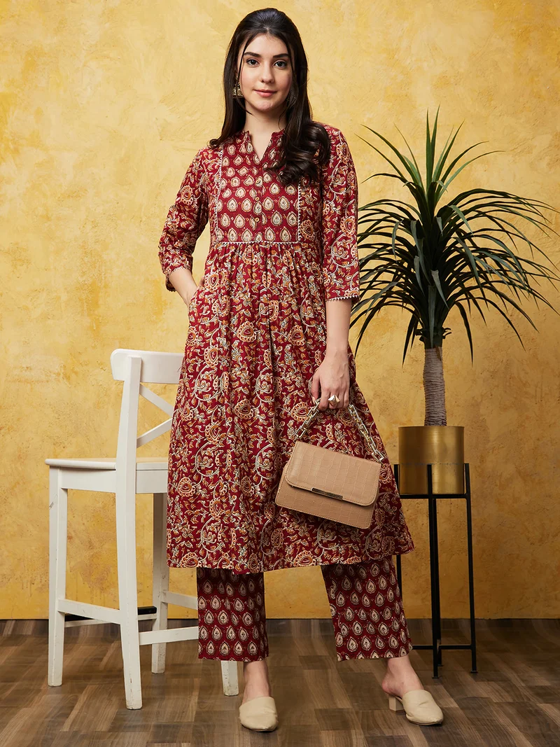 globus Women Maroon Ethnic Motifs Printed Band Collar Pure Cotton Kurta With Trousers
