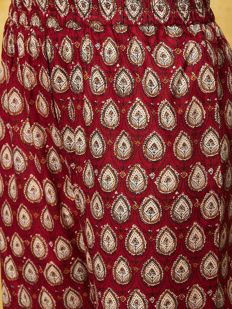 globus Women Maroon Ethnic Motifs Printed Band Collar Pure Cotton Kurta With Trousers