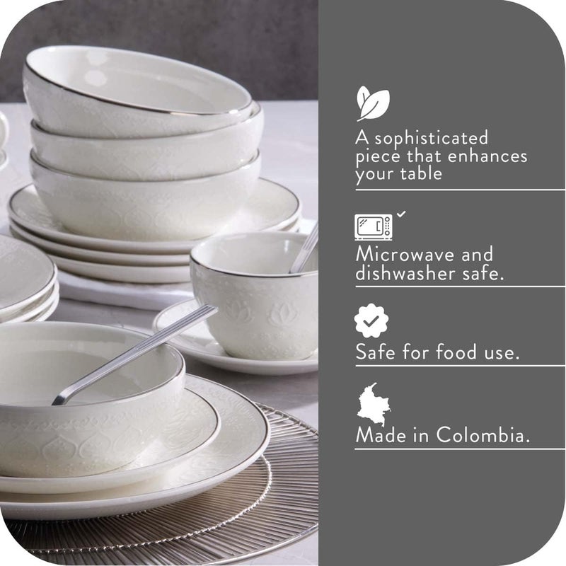 VAJILLAS Corona Corona 20piece SilverRim Elegant Embossed Floral Pattern Ceramic Dinnerware Sets Plates Bowls and Cups Service For 4 Harmony - Image 3