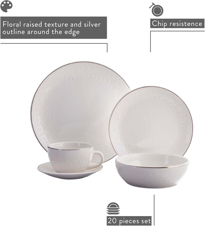 VAJILLAS Corona Corona 20piece SilverRim Elegant Embossed Floral Pattern Ceramic Dinnerware Sets Plates Bowls and Cups Service For 4 Harmony - Image 2