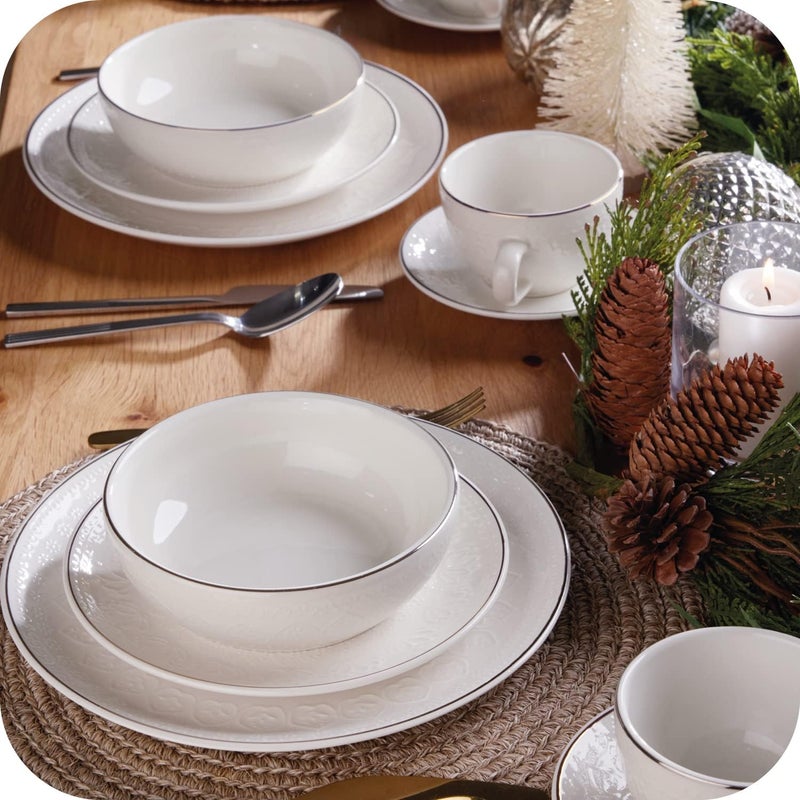 VAJILLAS Corona Corona 20piece SilverRim Elegant Embossed Floral Pattern Ceramic Dinnerware Sets Plates Bowls and Cups Service For 4 Harmony - Image 5