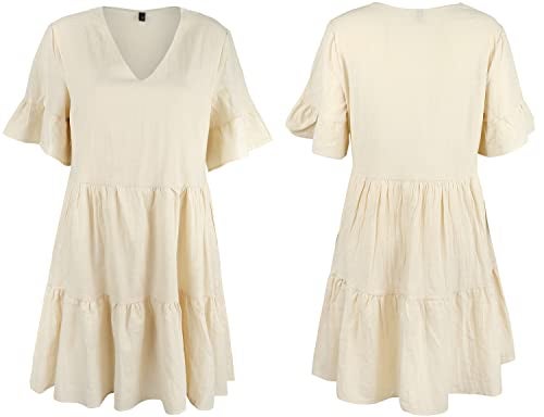 FANCYINN Womens Cute Shift Dress Short Bell Sleeve Ruffle Hem V Neck Loose Swing Tunic Mini Dress with Pockets Beige XL - Image 5