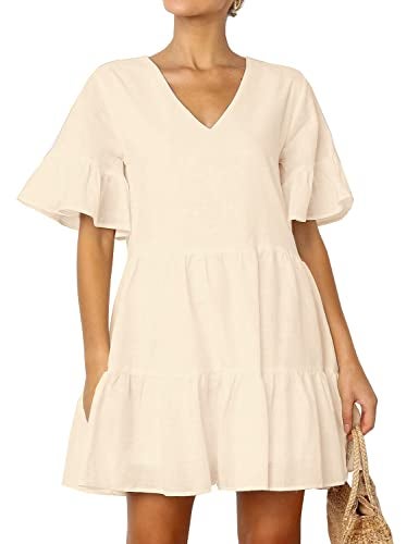 FANCYINN Womens Cute Shift Dress Short Bell Sleeve Ruffle Hem V Neck Loose Swing Tunic Mini Dress with Pockets Beige XL - Image 3