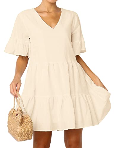FANCYINN Womens Cute Shift Dress Short Bell Sleeve Ruffle Hem V Neck Loose Swing Tunic Mini Dress with Pockets Beige XL - Image 4